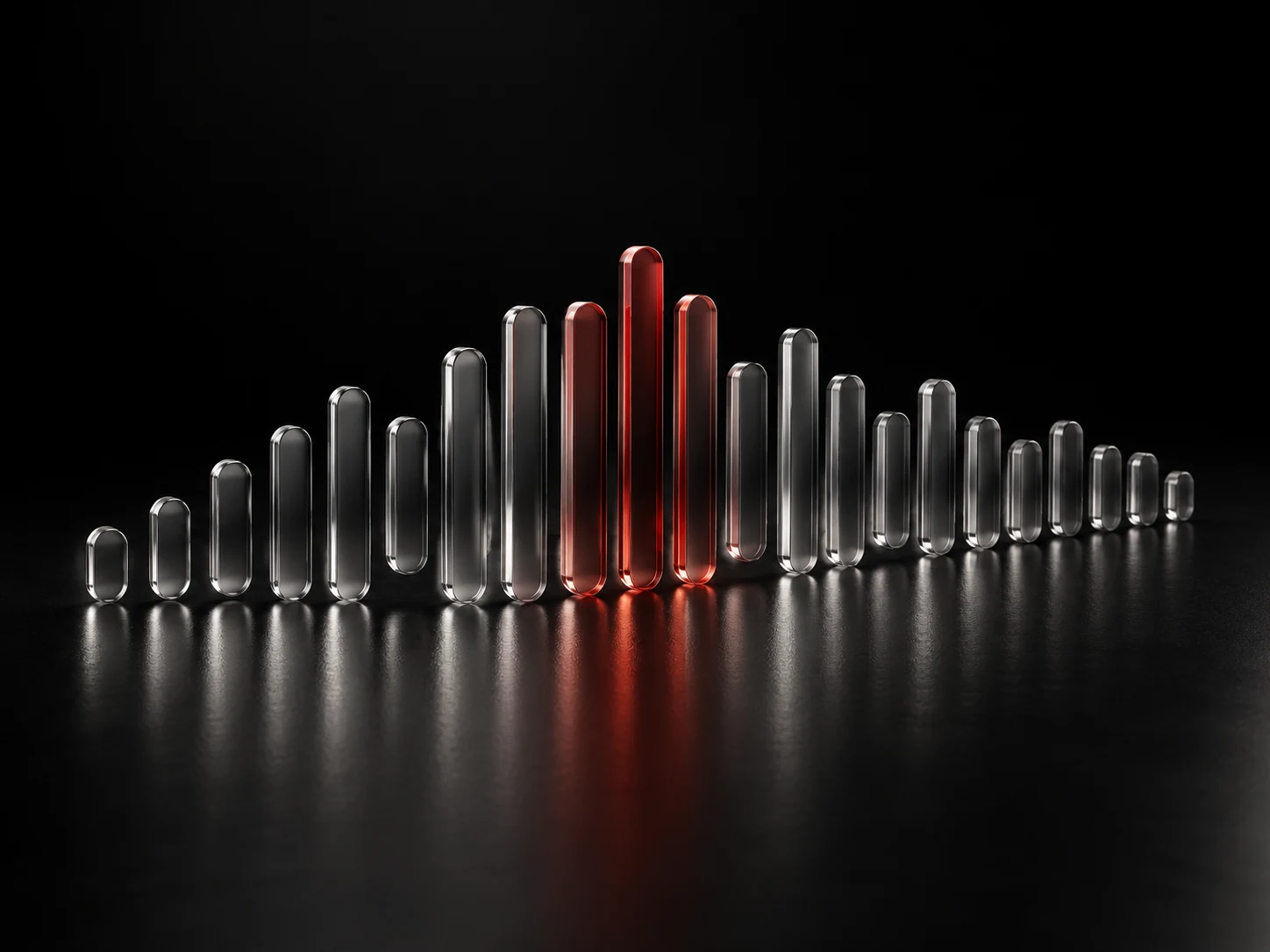 A sculpted glass voice waveform with red illuminated accents reflected on a dark surface