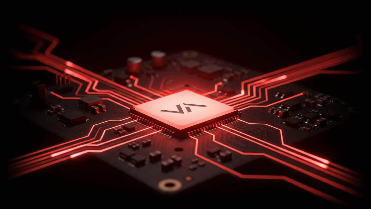 A processor marked with the VA logo, glowing red on a circuit board