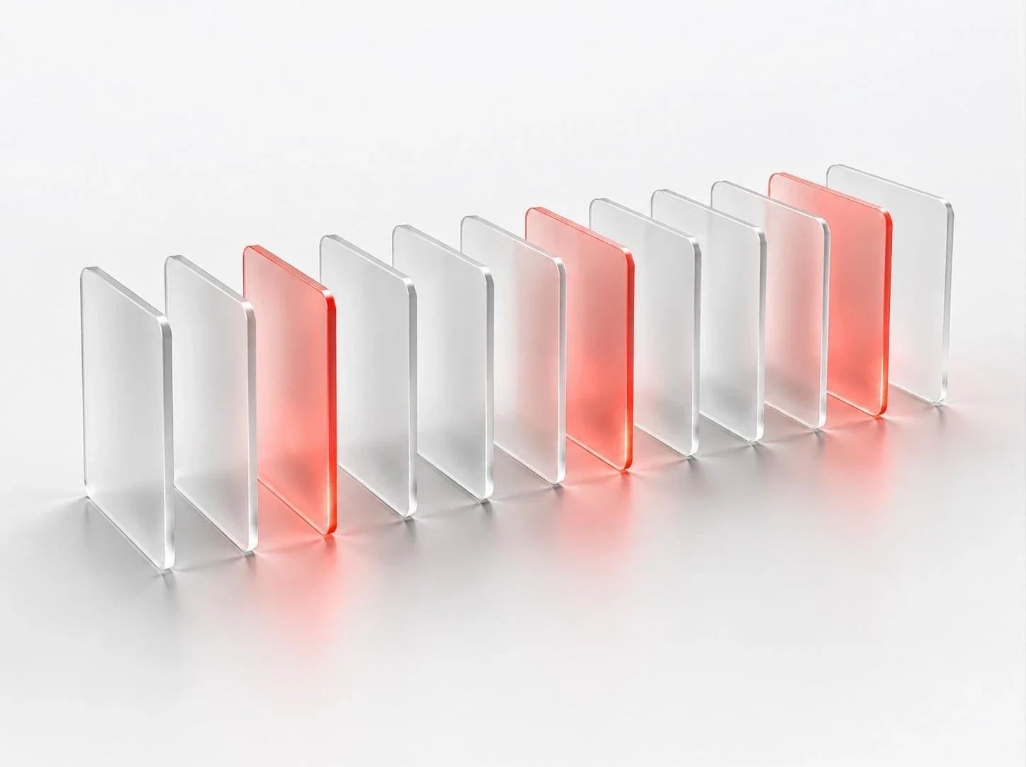 Twelve glass file cards in a row, three of them lit red