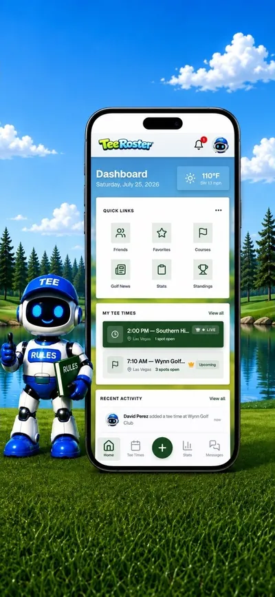 TeeRoster dashboard with quick links and upcoming tee times