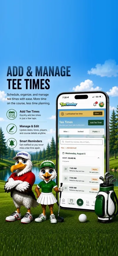 TeeRoster tee time list with options to add and manage tee times