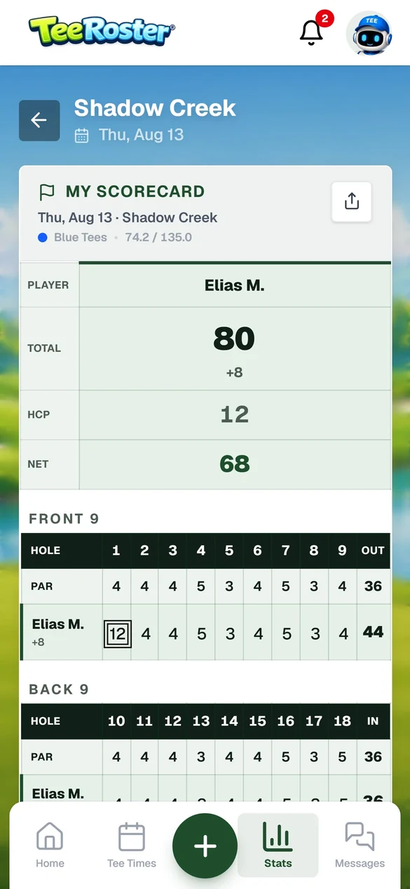 TeeRoster live scorecard with player totals and hole-by-hole scores