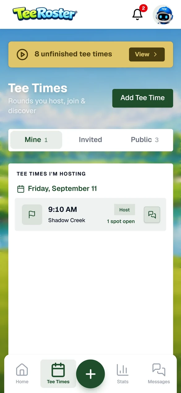 TeeRoster tee times screen showing an upcoming round at Shadow Creek