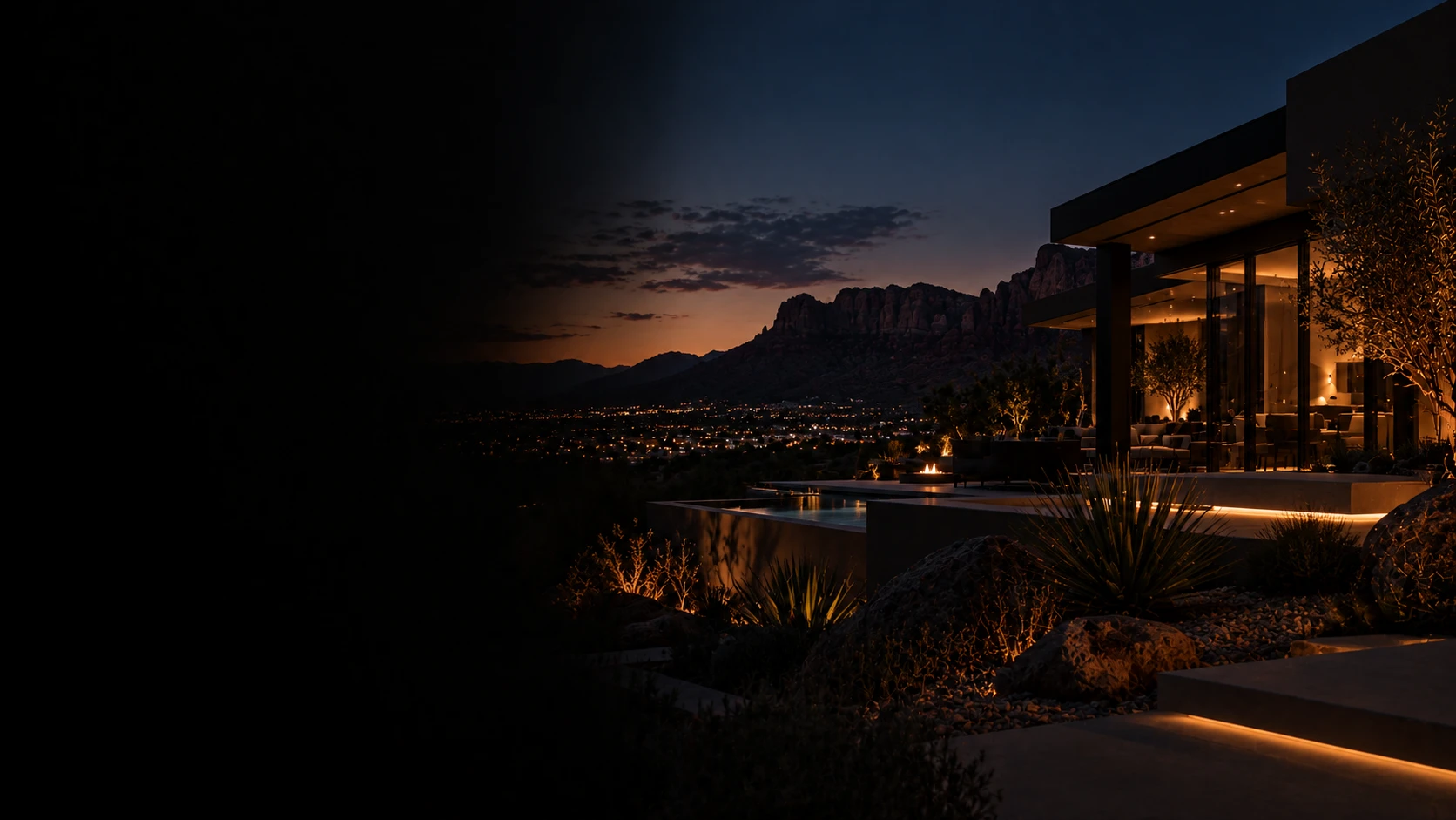 Modern Summerlin home at dusk below the Red Rock Canyon ridgeline