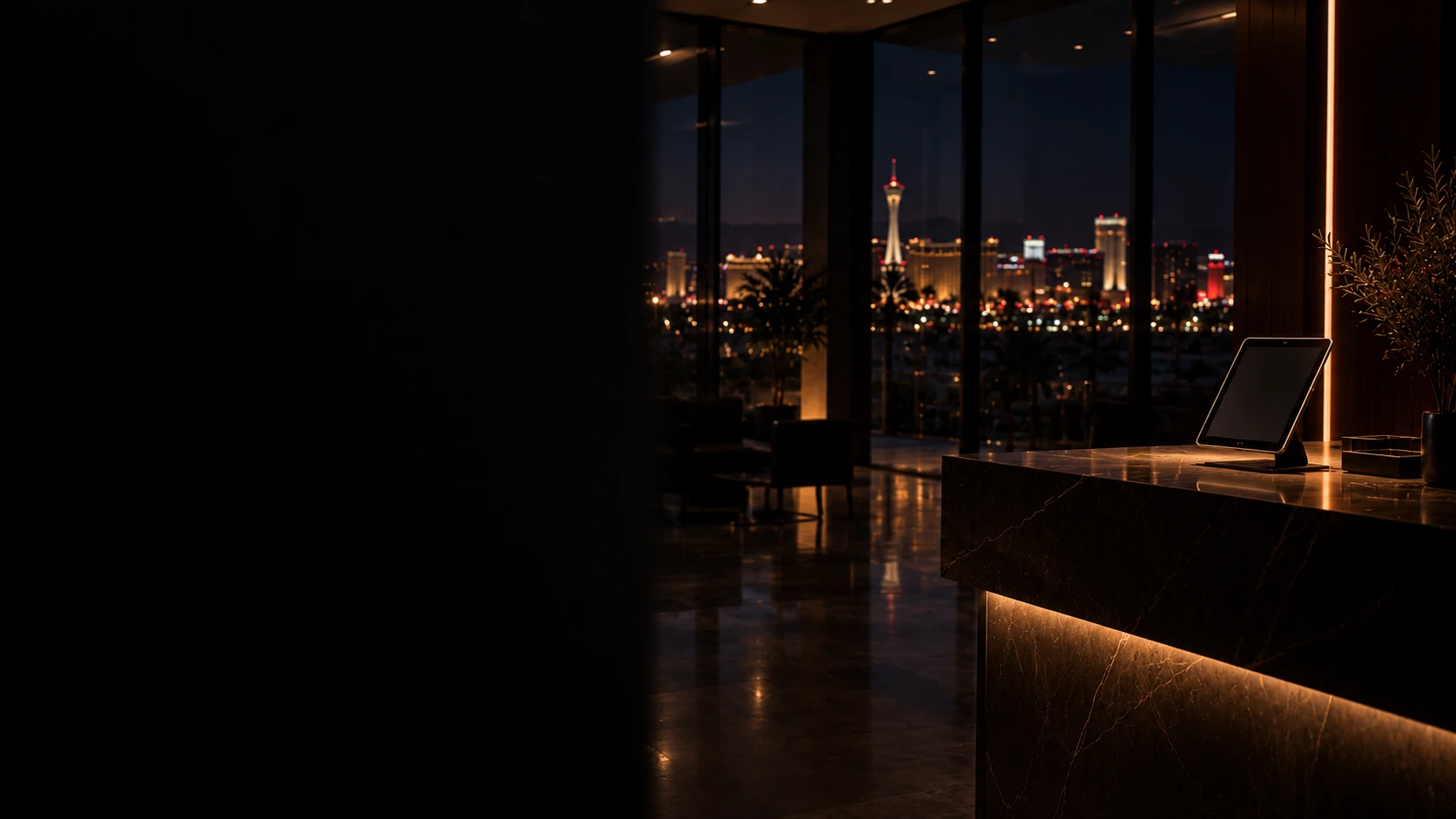 Tablet on a stand in a Las Vegas office lobby at night