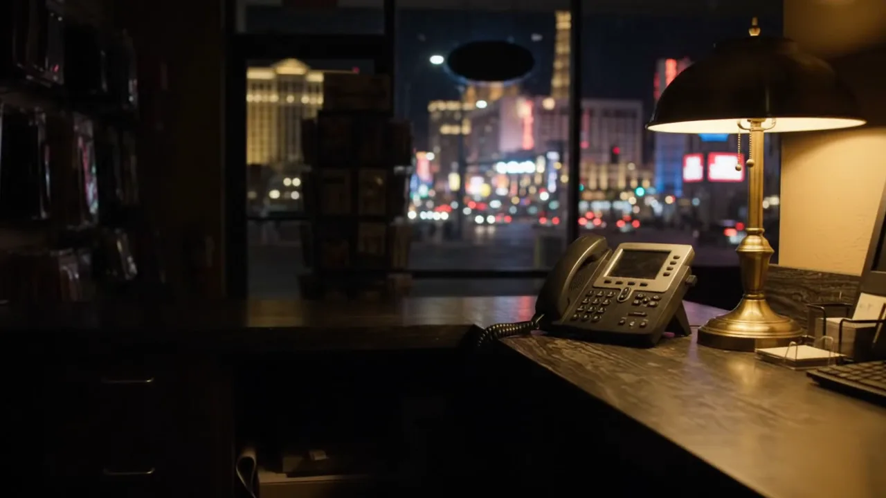 Front counter of a Las Vegas shop after hours with a desk phone and the Strip behind it