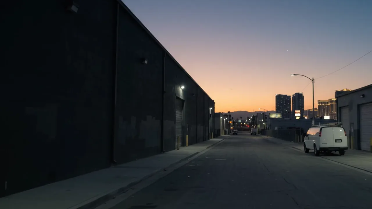 Las Vegas light-industrial street at dusk with a work van and the Strip on the horizon