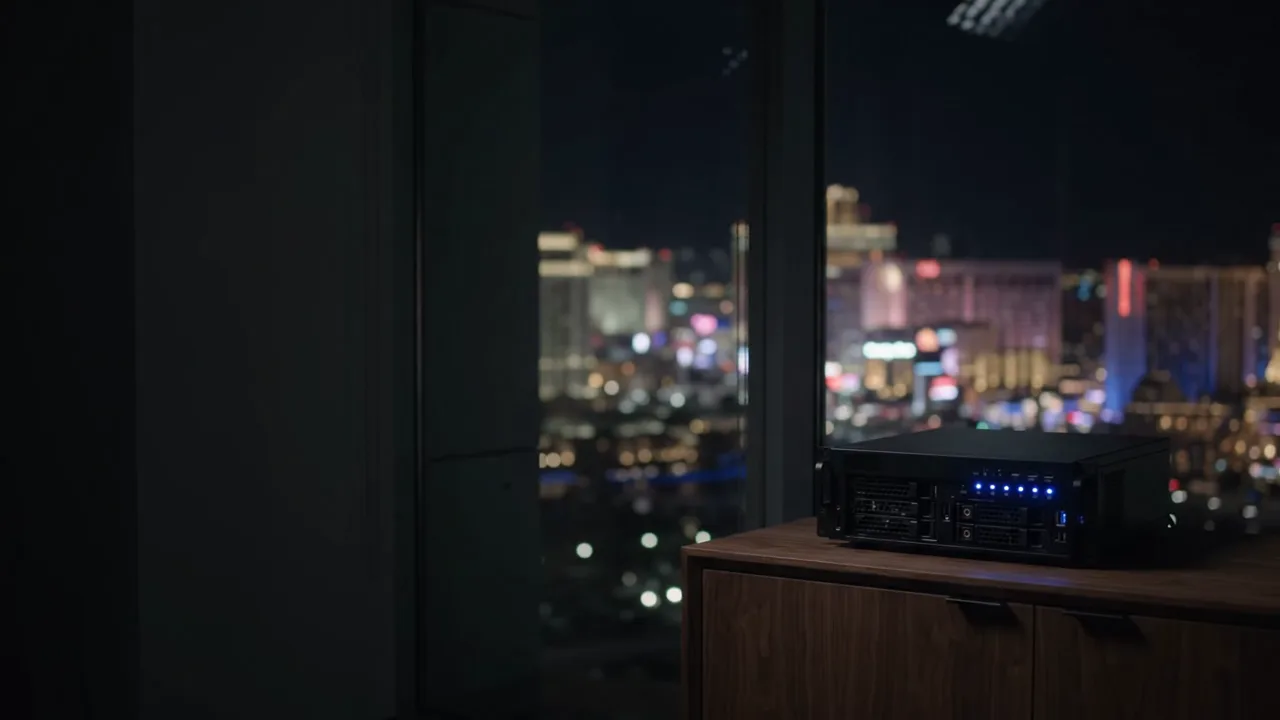 Private AI server in a Las Vegas office at night, the Strip lit up through the window