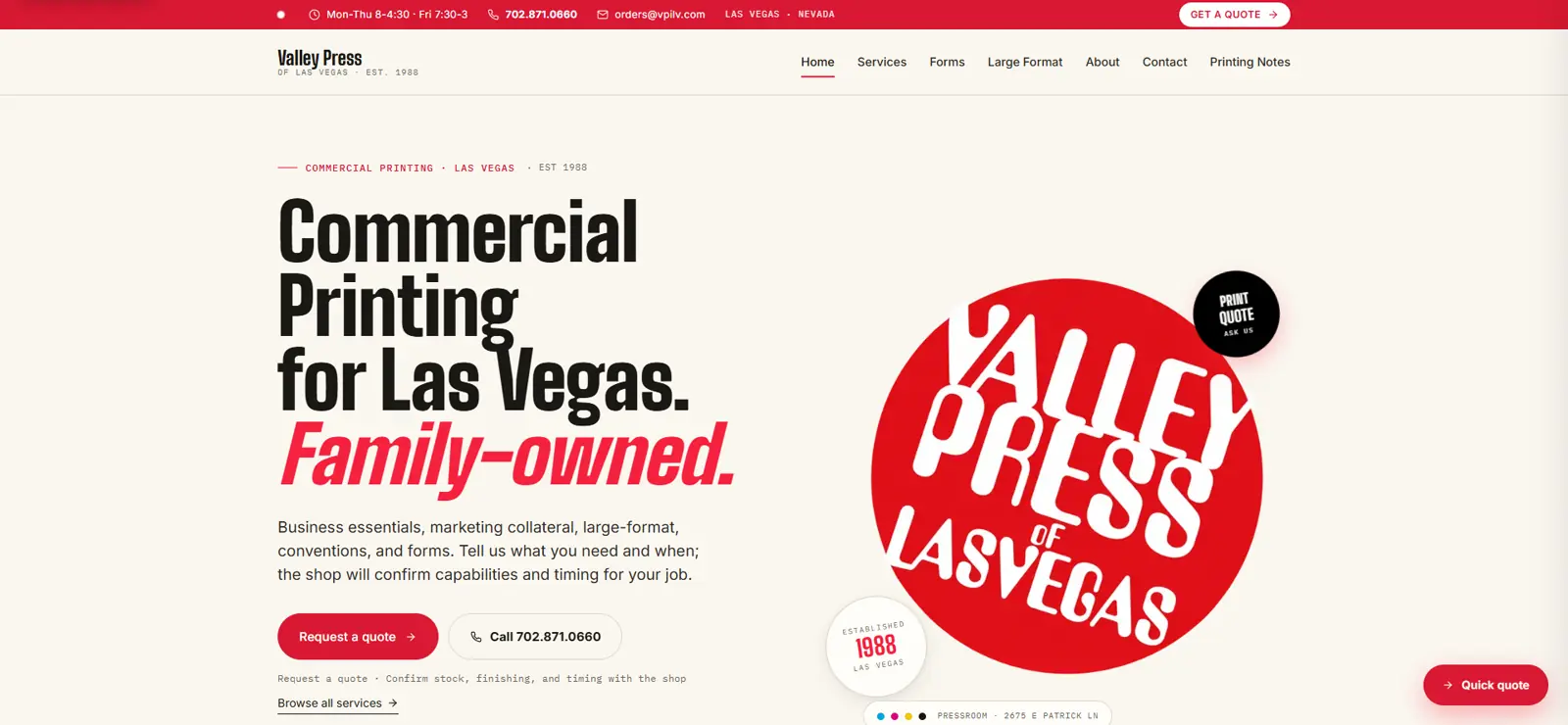 Valley Press of Las Vegas commercial printing website homepage